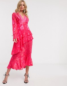 Розовое платье миди с глубоким вырезом и оборками Dark Pink-Розовый