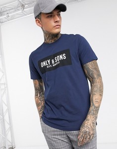 Темно-синяя футболка с большим логотипом на груди Only & Sons-Темно-синий