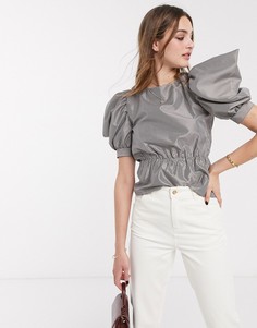 Блузка в монохромную клетку с объемными рукавами Topshop-Черный