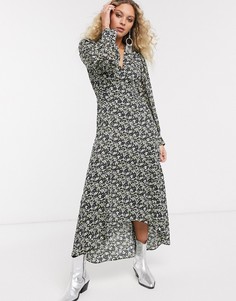 Зеленое платье миди с V-образным вырезом и цветочным принтом Topshop-Желтый