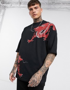 Длинная oversize-футболка из органического хлопка с принтом драконов ASOS DESIGN-Черный