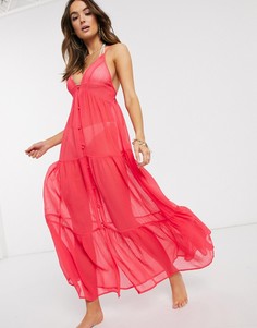 Коралловое ярусное пляжное платье на пуговицах ASOS DESIGN-Розовый