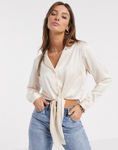 Атласная рубашка с длинными рукавами и завязкой ASOS DESIGN-Белый