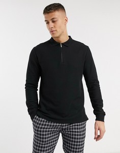 Черное поло на молнии до груди с длинными рукавами Topman-Черный