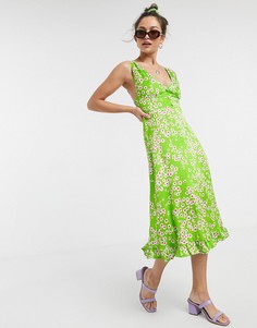 Атласное платье миди без рукавов с цветочным принтом Faithfull-Зеленый