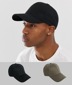 2 бейсболки черного цвета/хаки ASOS DESIGN - Скидка-Мульти