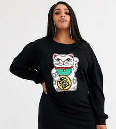 Платье-футболка в стиле oversize с длинными рукавами и принтом "lucky cat" Rokoko Plus-Розовый