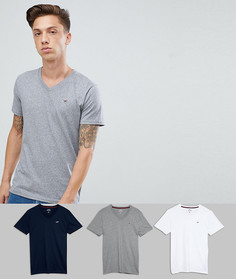 Комплект из 3 облегающих футболок с V-образным вырезом и логотипом (белая/серая/темно-синяя) Hollister-Мульти