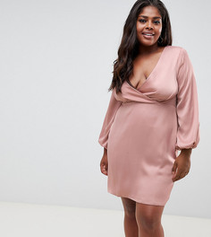 Атласное платье мини с пышным рукавом на манжете ASOS DESIGN Curve-Розовый