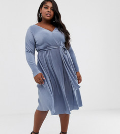 Плиссированное платье миди с поясом ASOS DESIGN Curve-Синий