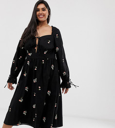 Платье миди с вырезом сердечком и вышивкой ASOS DESIGN Curve-Мульти
