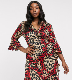 Платье мини с расклешенными рукавами, оборками и леопардовым принтом Outrageous Fortune Plus-Мульти