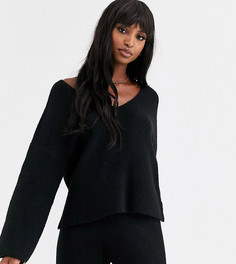 Джемпер в рубчик с V-образным вырезом и объемными рукавами ASOS DESIGN Tall-Черный