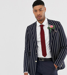Темно-синий приталенный блейзер в полоску с золотистыми пуговицами ASOS DESIGN Tall wedding