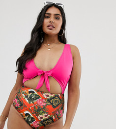 Слитный купальник колор-блок с вырезом и принтом цепочек ASOS DESIGN Curve-Мульти