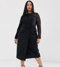 Платье-футляр миди с вырезом и кружевом ASOS DESIGN Curve-Черный