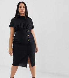 Льняное платье миди с черепаховыми пуговицами ASOS DESIGN Curve-Черный