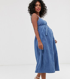 Голубое джинсовое платье миди с поясом ASOS DESIGN Maternity-Синий