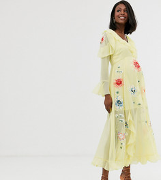 Платье макси с запахом и вышивкой ASOS DESIGN Maternity-Желтый