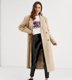 Длинное двубортное пальто бежевого цвета ASOS DESIGN Tall-Бежевый