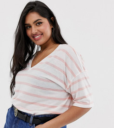 Футболка в полоску с добавлением льна и V-образным вырезом ASOS DESIGN Curve-Мульти
