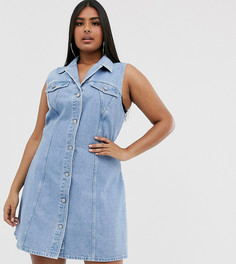 Джинсовое короткое приталенное платье-рубашка без рукавов ASOS DESIGN Curve-Синий