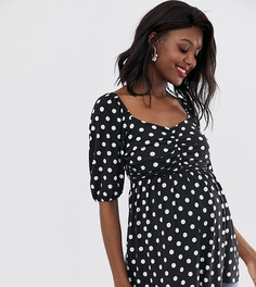 Свободный топ в горошек с вырезом сердечком и сборками ASOS DESIGN Maternity-Черный