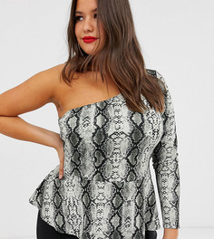 Топ на одно плечо с баской и змеиным принтом ASOS DESIGN Curve-Мульти