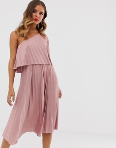 Плиссированное платье миди с кроп-топом на одно плечо ASOS DESIGN-Розовый