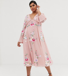 Платье миди с кружевной отделкой и вышивкой ASOS DESIGN Curve-Розовый
