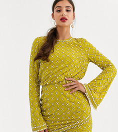 Платье мини с длинными рукавами, жемчугом и бисером ASOS DESIGN Tall-Золотой