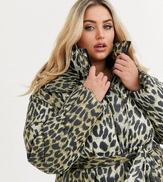Пуховик со звериным принтом и поясом ASOS DESIGN Curve-Мульти