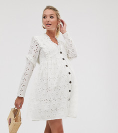Свободное платье мини на пуговицах с вышивкой ришелье ASOS DESIGN Maternity-Белый