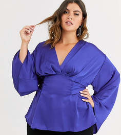 Атласный топ с глубоким вырезом и длинными рукавами ASOS DESIGN Curve-Синий