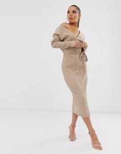 Платье миди в рубчик верблюжьего цвета ASOS DESIGN-Бежевый