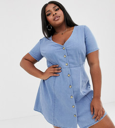 Синее джинсовое чайное платье с пуговицами из искусственного рога ASOS DESIGN Curve-Синий
