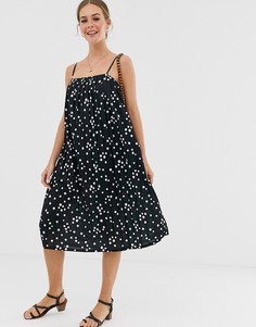 Черное плиссированное платье миди в белый горошек ASOS DESIGN-Мульти