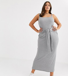 Платье макси в рубчик с поясом ASOS DESIGN Curve-Серый