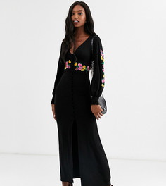 Чайное платье макси с вышивкой и длинными рукавами ASOS DESIGN Tall-Черный