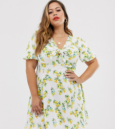 Чайное платье мини с узлом и принтом лимонов ASOS DESIGN Curve-Зеленый