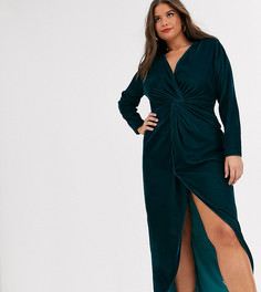 Бархатное платье макси с длинными рукавами и узлом ASOS DESIGN Curve-Зеленый