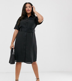 Платье-рубашка миди с пуговицами, кружевной отделкой и поясом Fashion Union Plus-Черный