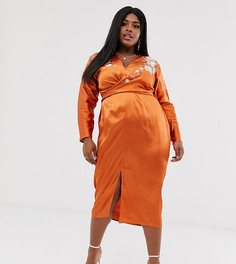 Атласное платье миди с рукавами "летучая мышь" и вышивкой ASOS DESIGN Curve-Оранжевый