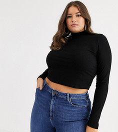 Черный кроп-топ в рубчик, с длинными рукавами и высоким воротом ASOS DESIGN Curve