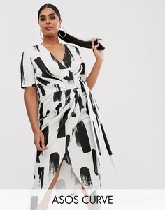 Монохромное платье миди с запахом и принтом ASOS DESIGN Curve-Мульти