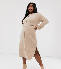 Мягкое платье миди с карманами и видимыми швами ASOS DESIGN Curve-Бежевый