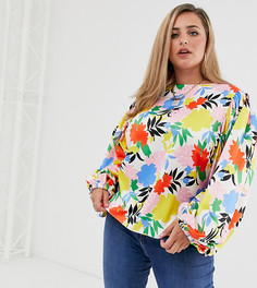 Топ с объемными рукавами и цветочным принтом ASOS DESIGN Curve-Бесцветный