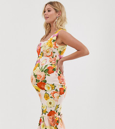 Платье миди с цветочным принтом, квадратным вырезом и оборкой по краю ASOS DESIGN Maternity-Розовый