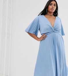 Плиссированное платье миди с широкими рукавами ASOS DESIGN Curve-Синий