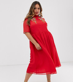 Платье миди с вышивкой и рукавами клеш ASOS DESIGN Curve-Красный